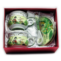 Сервиз фарфор (190мл.)(2GBC-A77SP) 2чашки+2блюдца+2ложки "Девушка на салатном фоне" (h-6см.,d-7см.)