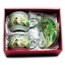 Сервиз фарфор (190мл.)(2GBC-A77SP) 2чашки+2блюдца+2ложки "Девушка на салатном фоне" (h-6см.,d-7см.)