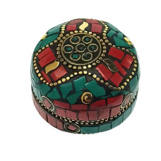 Шкатулка металическая с  кораллами и бирюзой (d-4.5 см h-2 см)